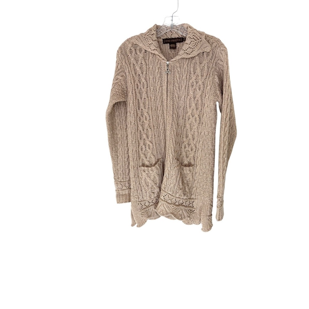 Inis Crafts Cardigan Wool Knit Beige Full Zip Scalloped Hem Moody‎ Rustic Small